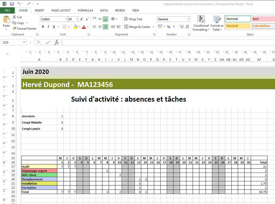 Planning mensuel des absences dans Excel