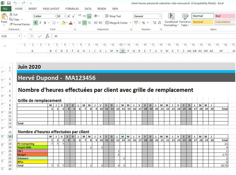 Planning mensuel des heures dans Excel