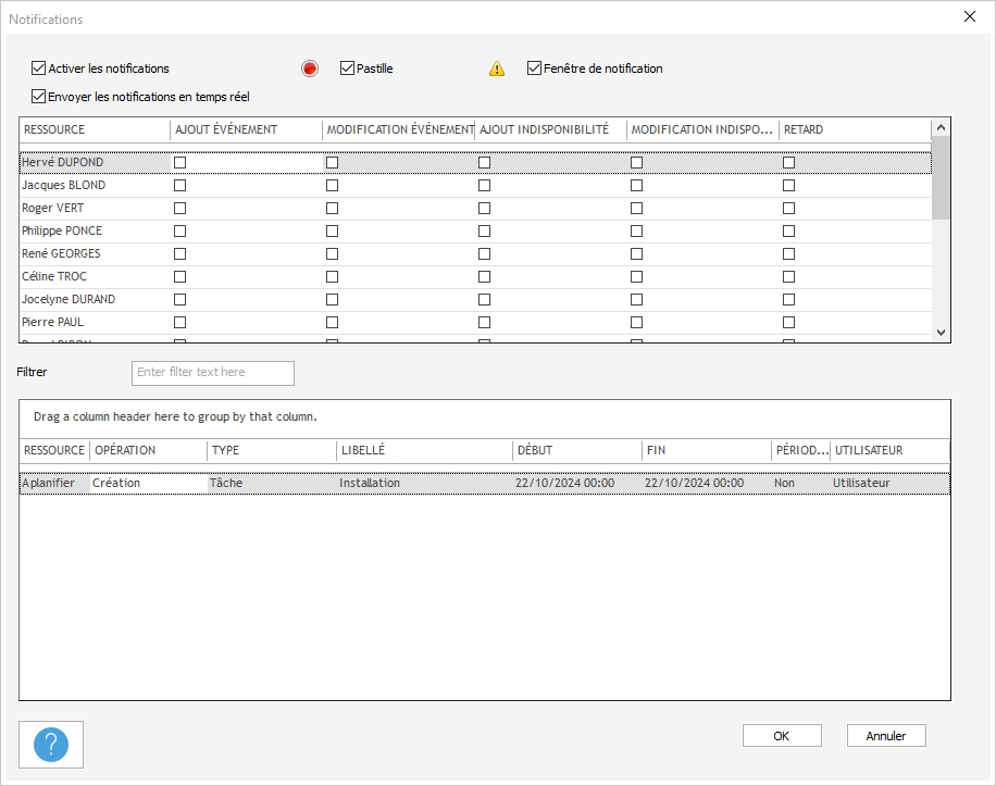 Liste des notifications dans PlanningPME