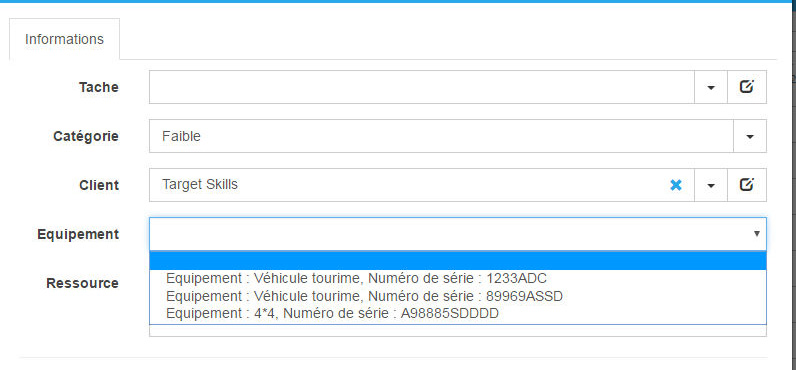 Aperçu des équipements dans la fiche client