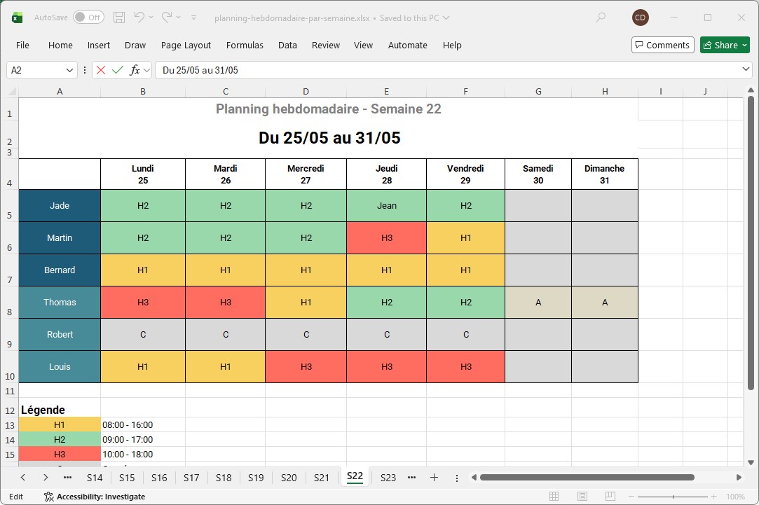 Exemple de planning hebdomadaire sur Excel