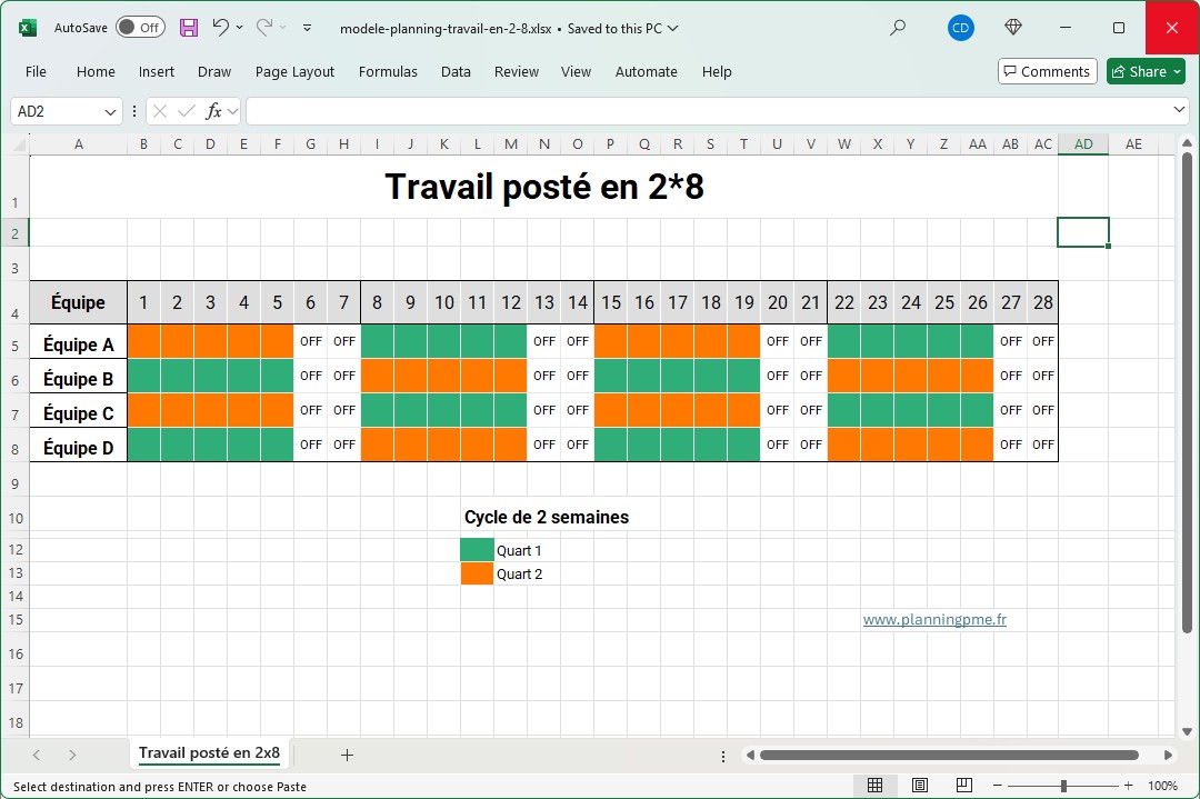 Modle Excel dquipe de travail en 2*8