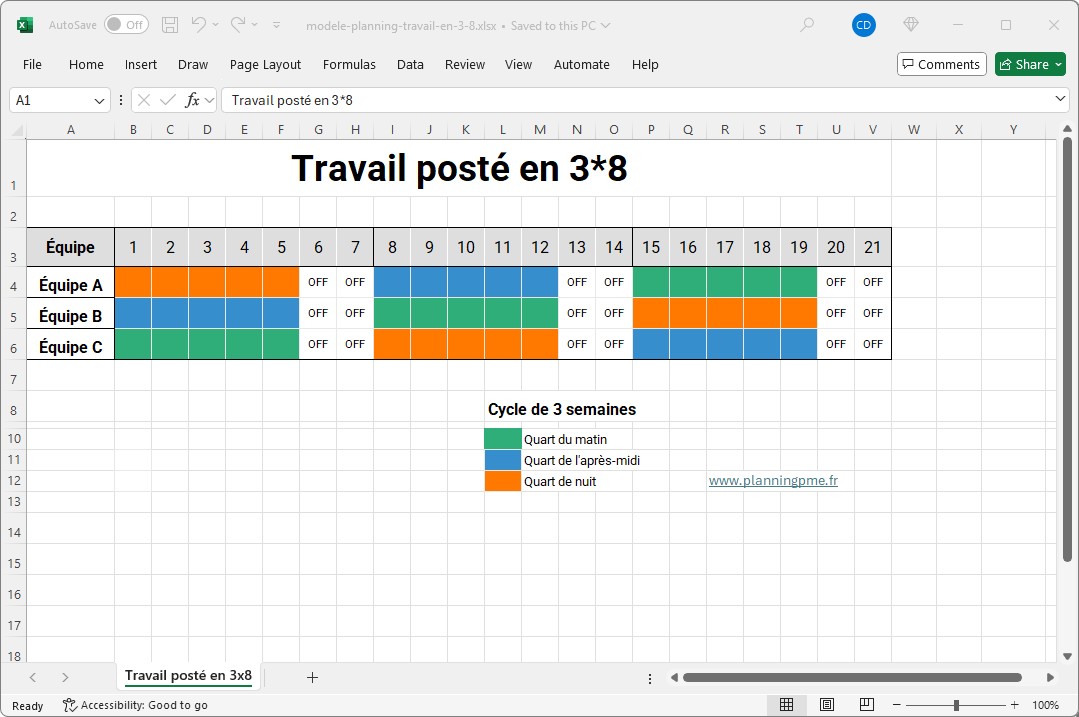 Modle de planning de travail en 3*8 avec  Excel