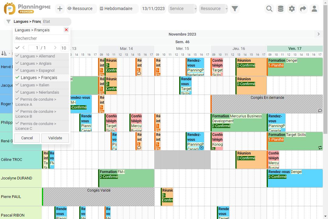 Filtres du planning