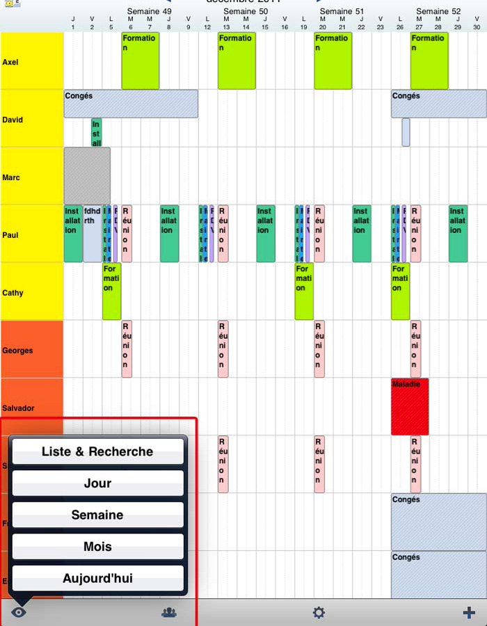 selection vue du planning