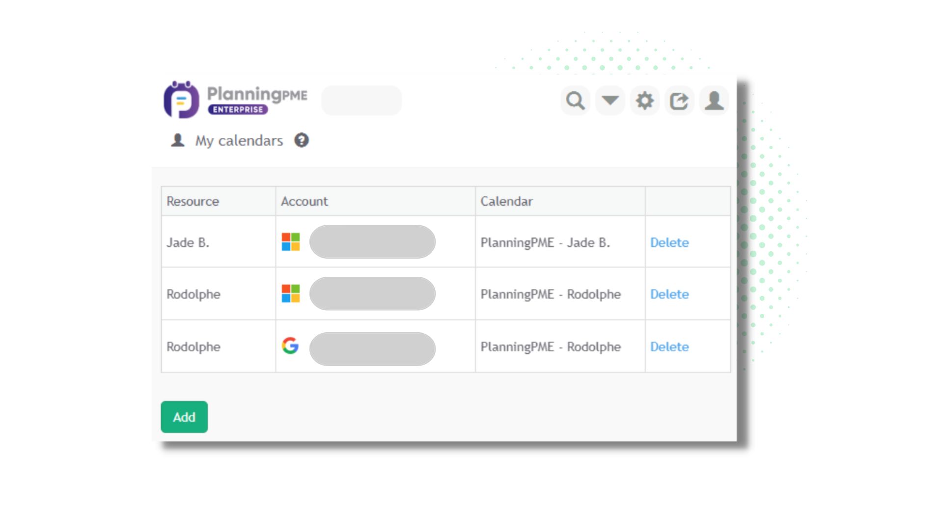 Liste des calendriers synchroniss dans PlanningPME