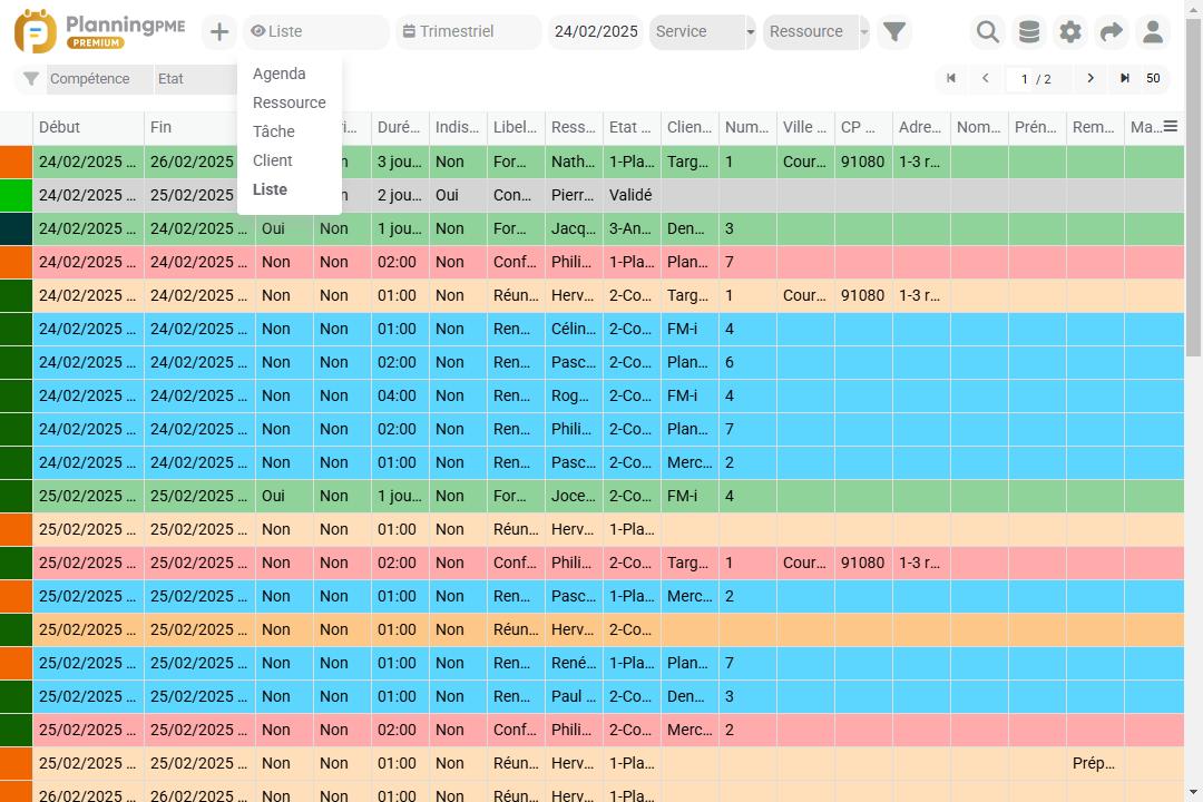 vue liste dans PlanningPME Mobile